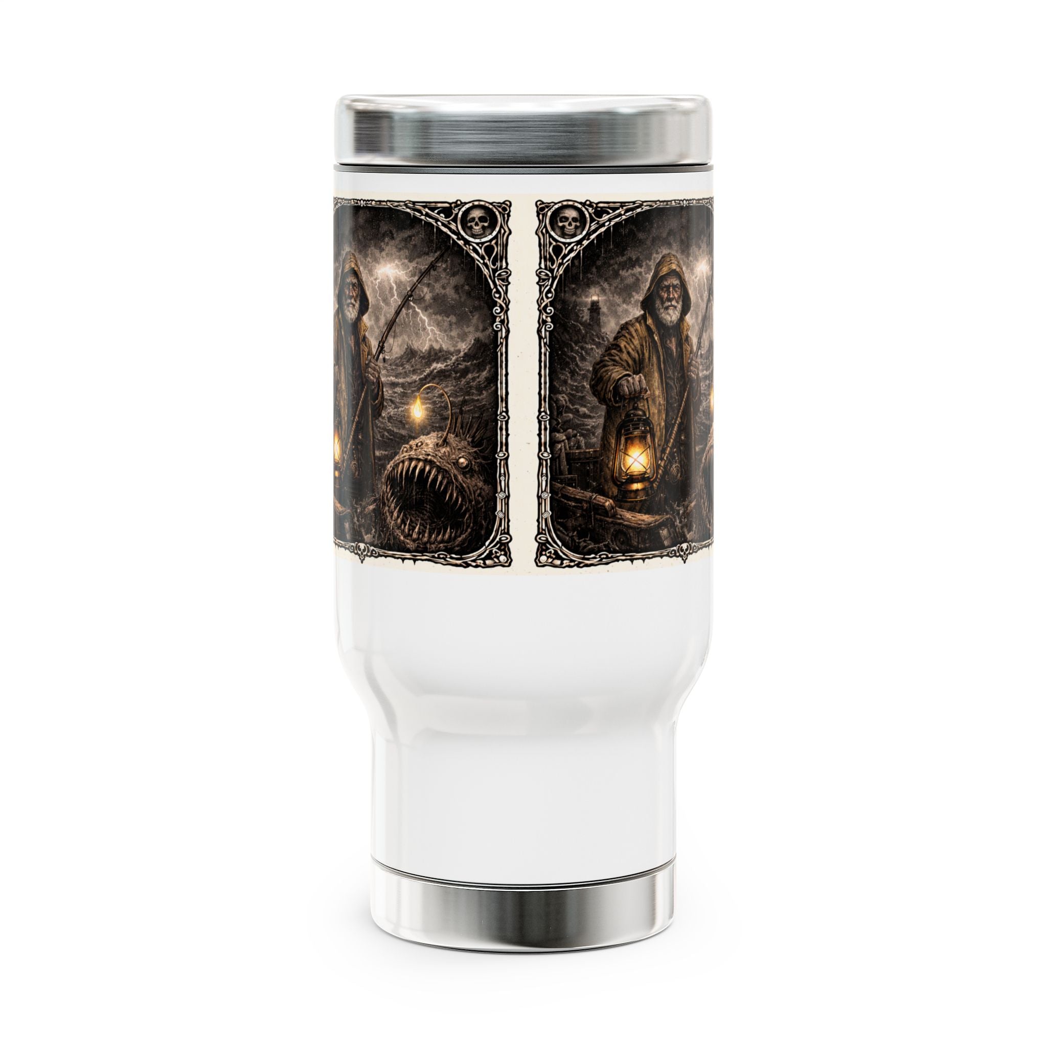 SCP-3889 Travel Mug — Lantern-Wielding Hunter Gothic Stainless Steel 14oz